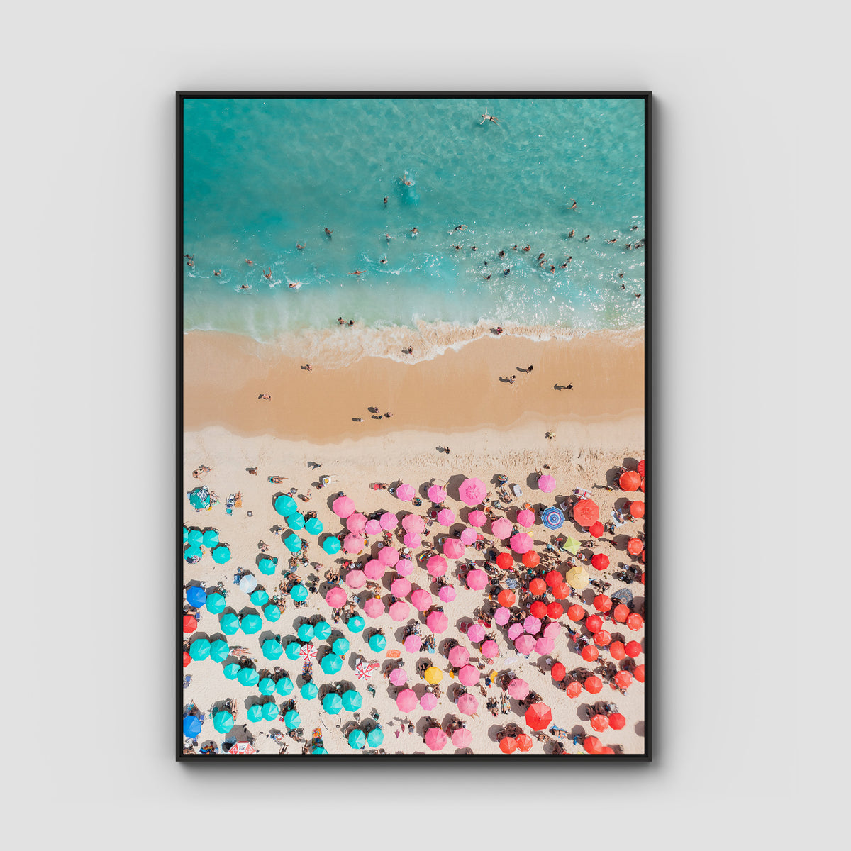Ipanema Beach – Candy Umbrella Aerial Print - Float Frame Canvas - Black - Portrait