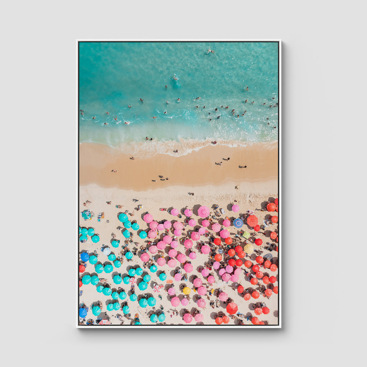 Ipanema Beach – Candy Umbrella Aerial Print - Float Frame Canvas - White - Portrait