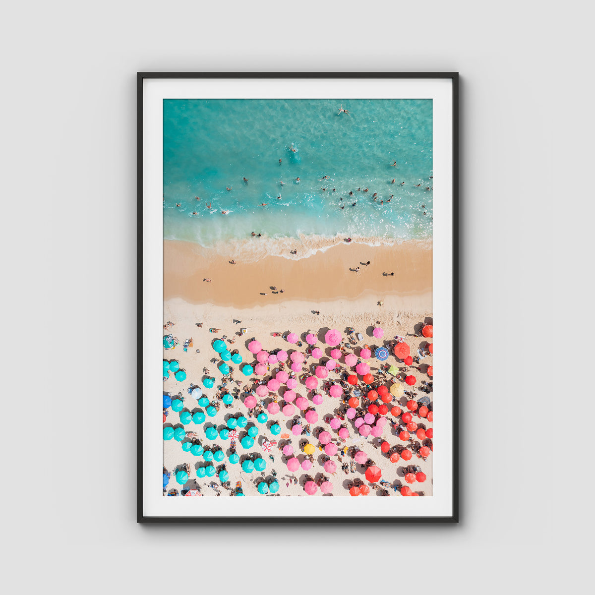 Ipanema Beach – Candy Umbrella Aerial Print - Traditional Frame - Black - Portrait