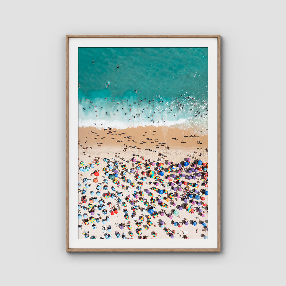 Ipanema Mosaic – Umbrella Rhythm from Above Print - Traditional Frame - Raw Oak - Portrait