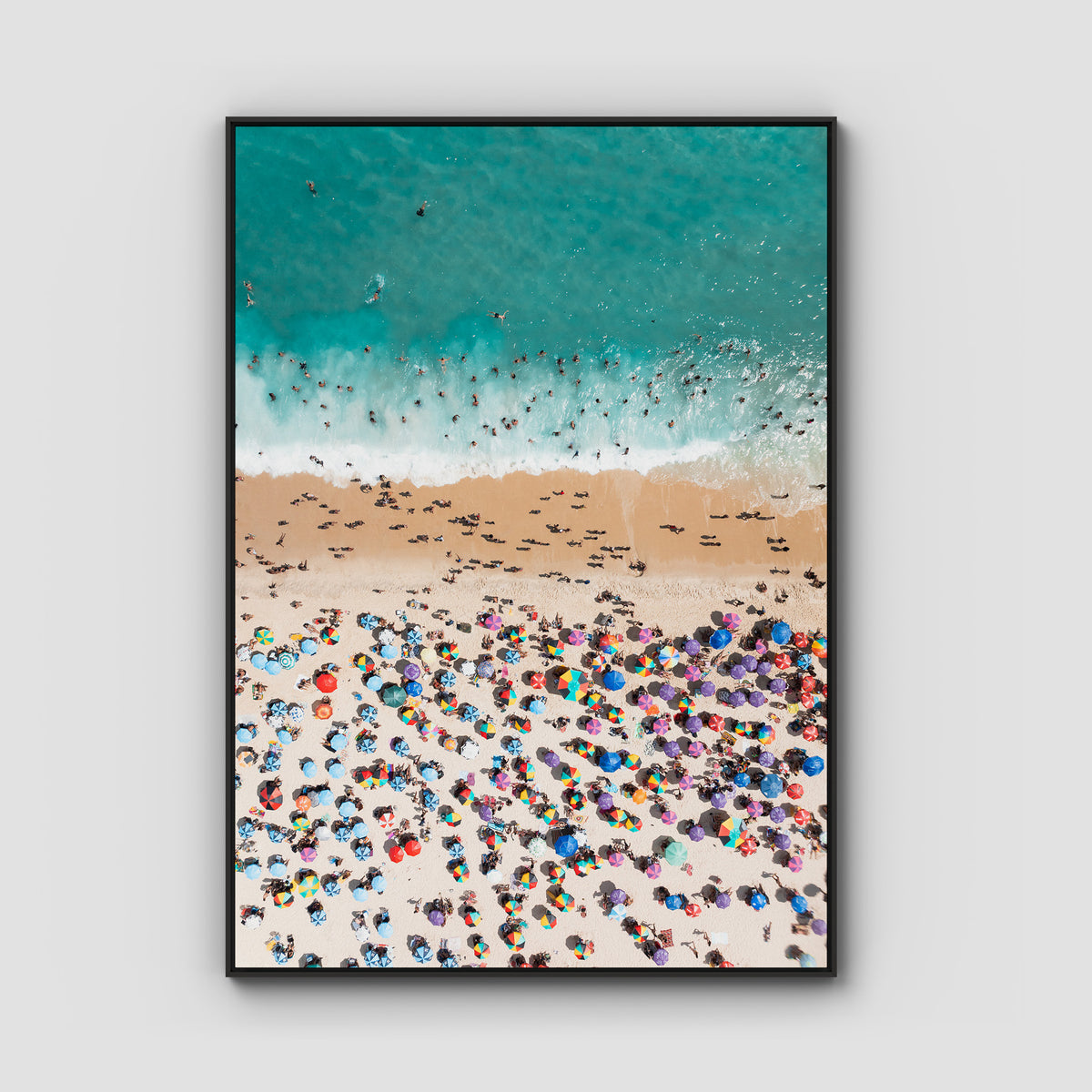 Ipanema Mosaic – Umbrella Rhythm from Above Print - Float Frame Canvas - Black - Portrait