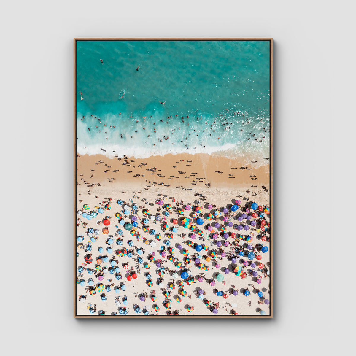 Ipanema Mosaic – Umbrella Rhythm from Above Print - Float Frame Canvas - Raw Oak - Portrait