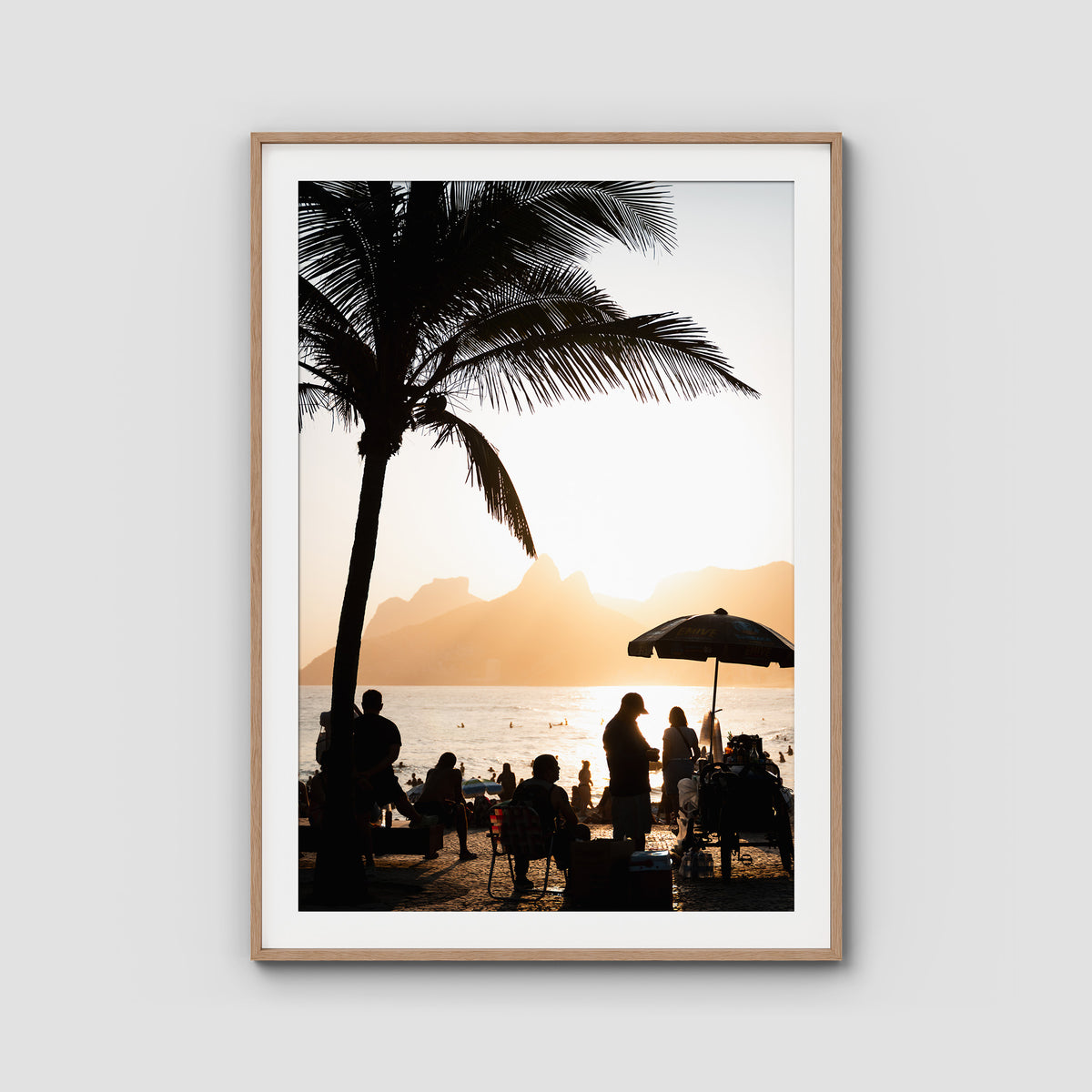Ipanema Sunset – Palm, People & Light Print - Traditional Frame - Raw Oak - Portrait