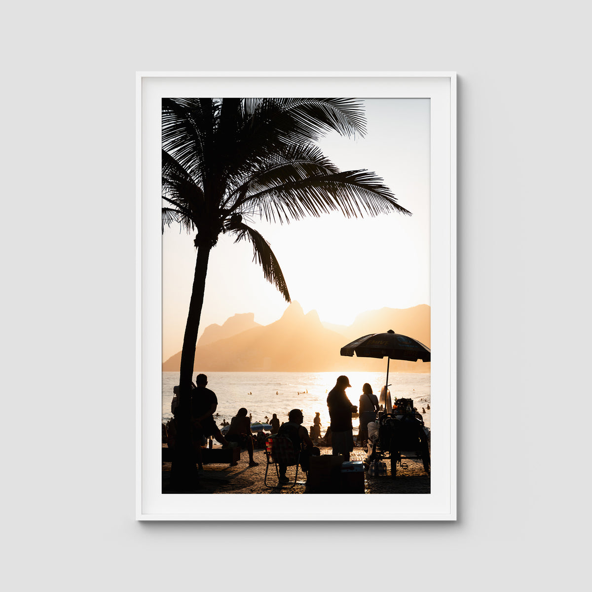 Ipanema Sunset – Palm, People & Light Print - Traditional Frame - White - Portrait
