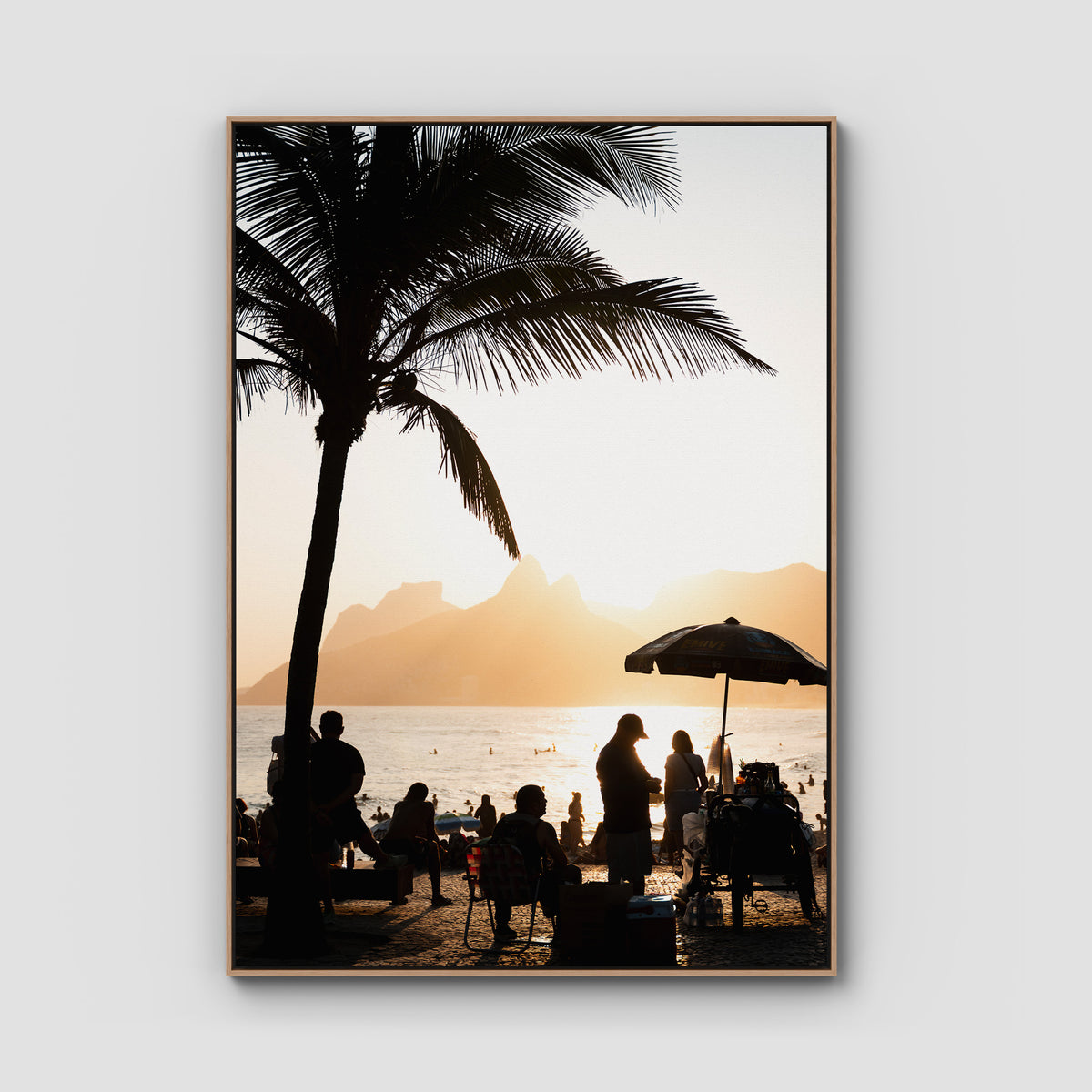 Ipanema Sunset – Palm, People &amp; Light Print - Float Frame Canvas - Raw Oak - Portrait