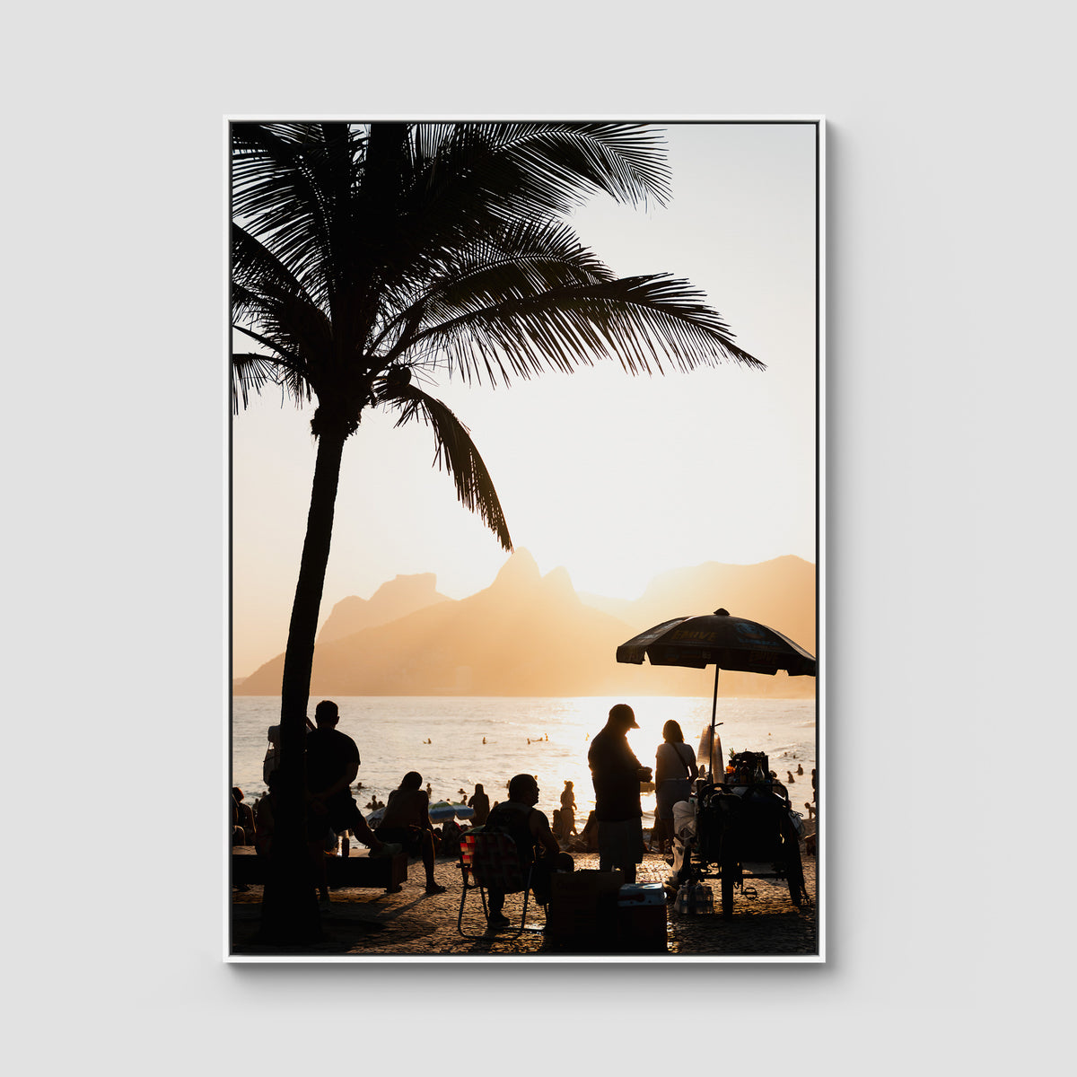 Ipanema Sunset – Palm, People &amp; Light Print - Float Frame Canvas - White - Portrait