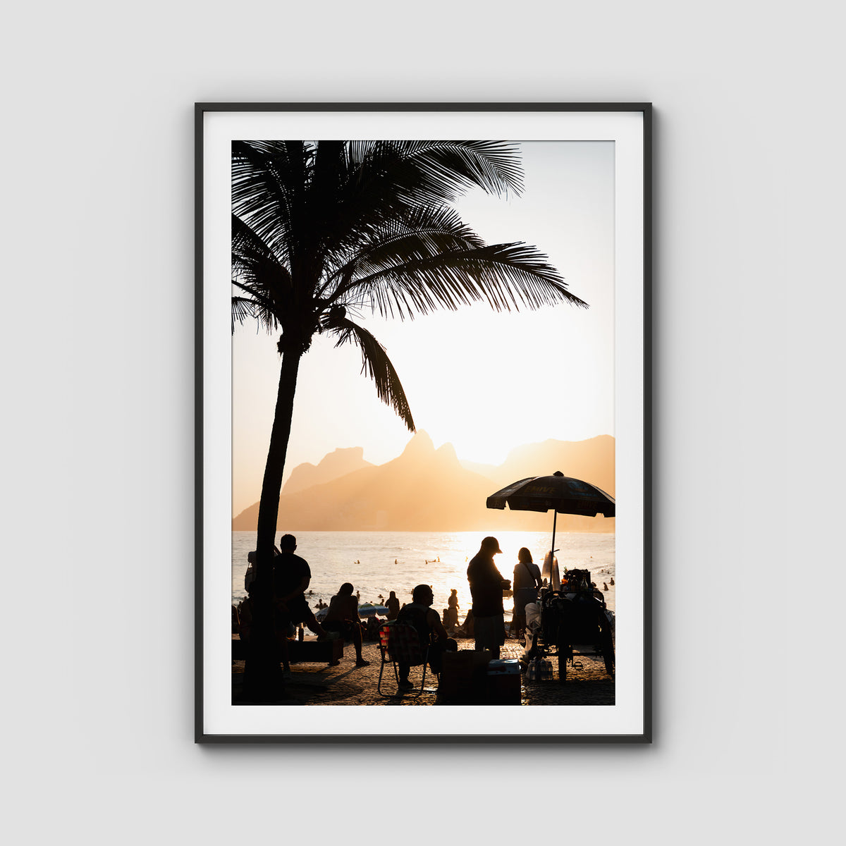 Ipanema Sunset – Palm, People &amp; Light Print - Traditional Frame - Black - Portrait