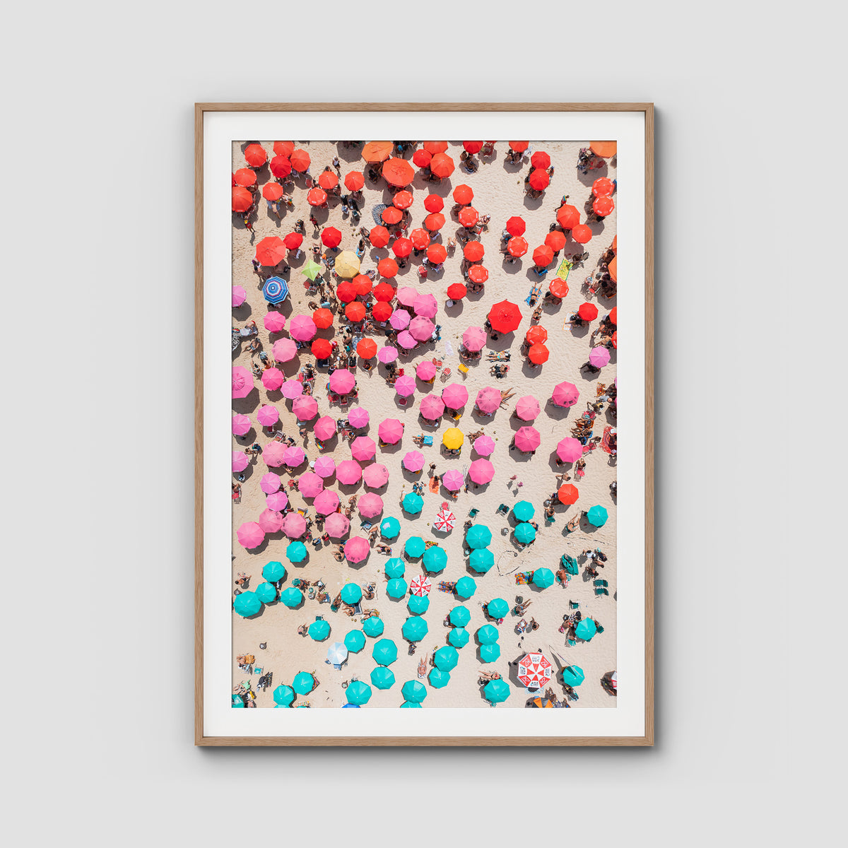 Ipanema Umbrellas – Colour Chaos Print - Traditional Frame - Raw Oak - Portrait