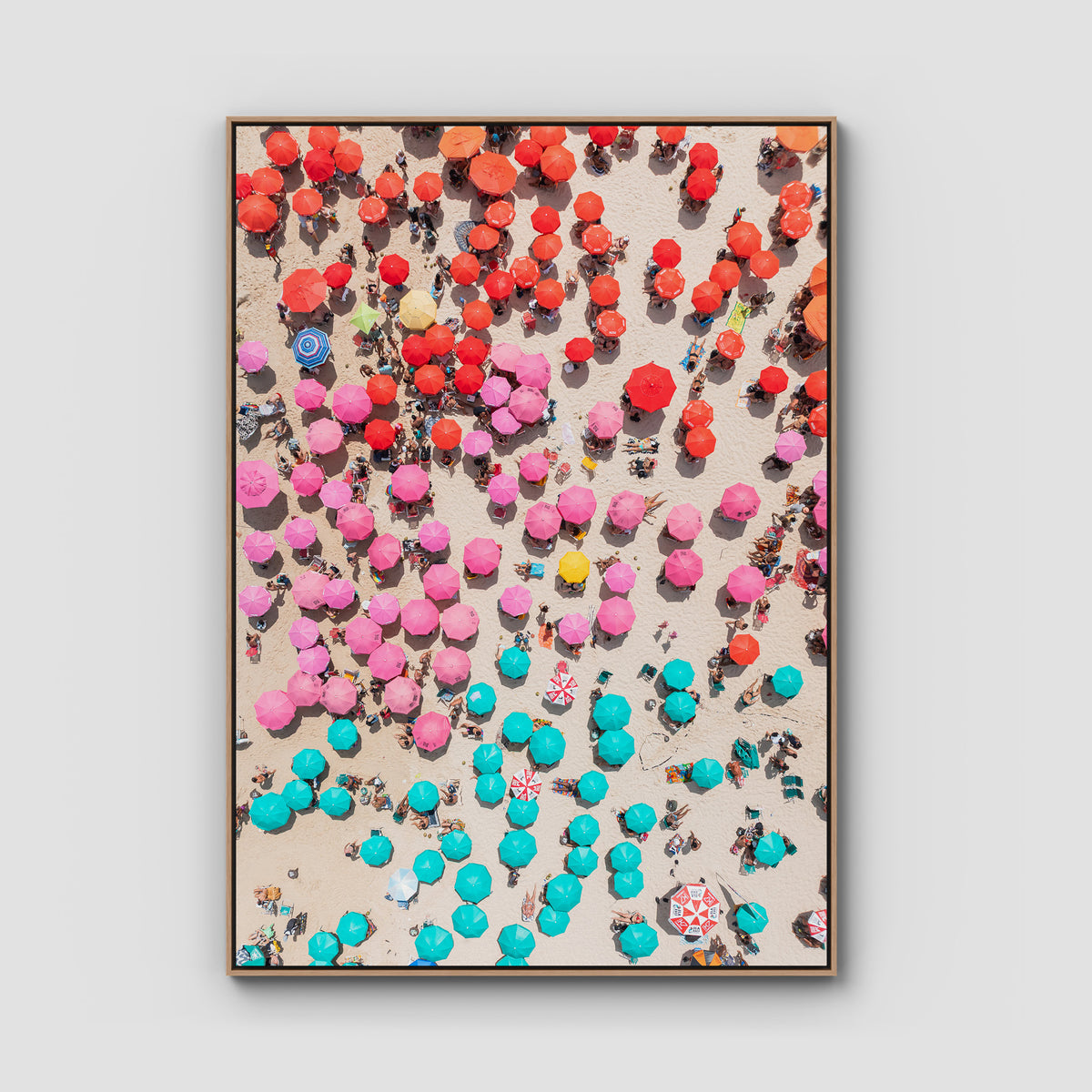 Ipanema Umbrellas – Colour Chaos Print - Float Frame Canvas - Raw Oak - Portrait
