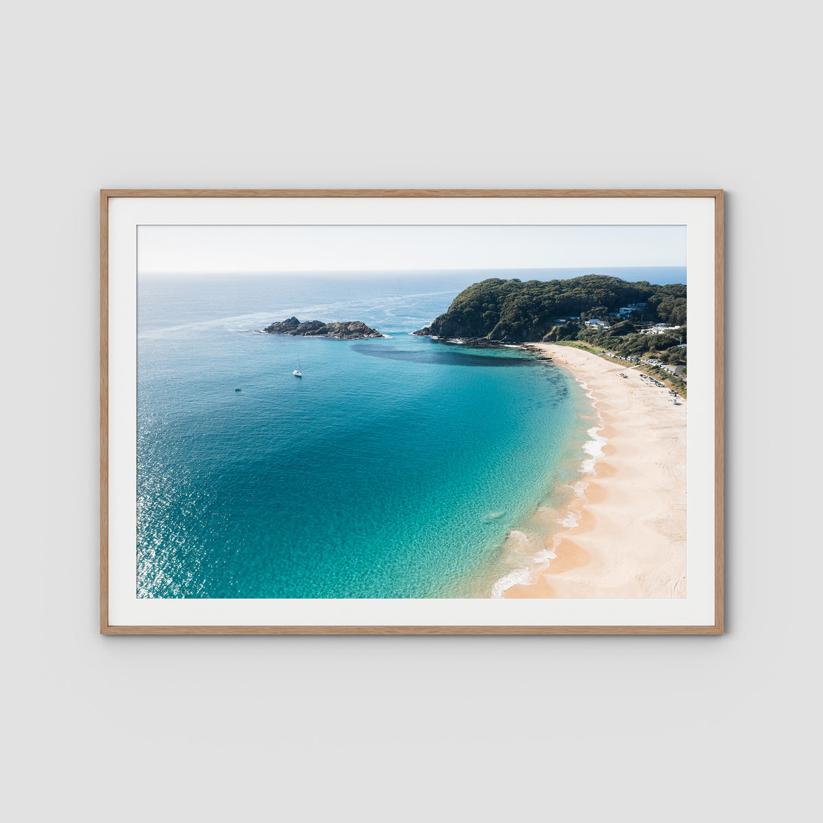 Boat Beach - Seal Rocks - Art Print - Traditional Frame - Raw Oak - Landscape