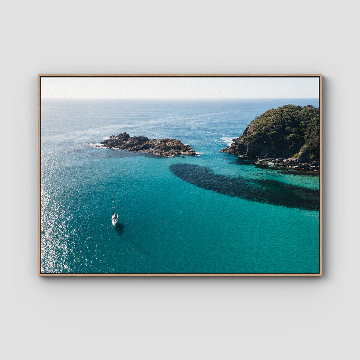 Yacht Days - Seal Rocks - Art Print - Float Frame Canvas - Raw Oak - Landscape