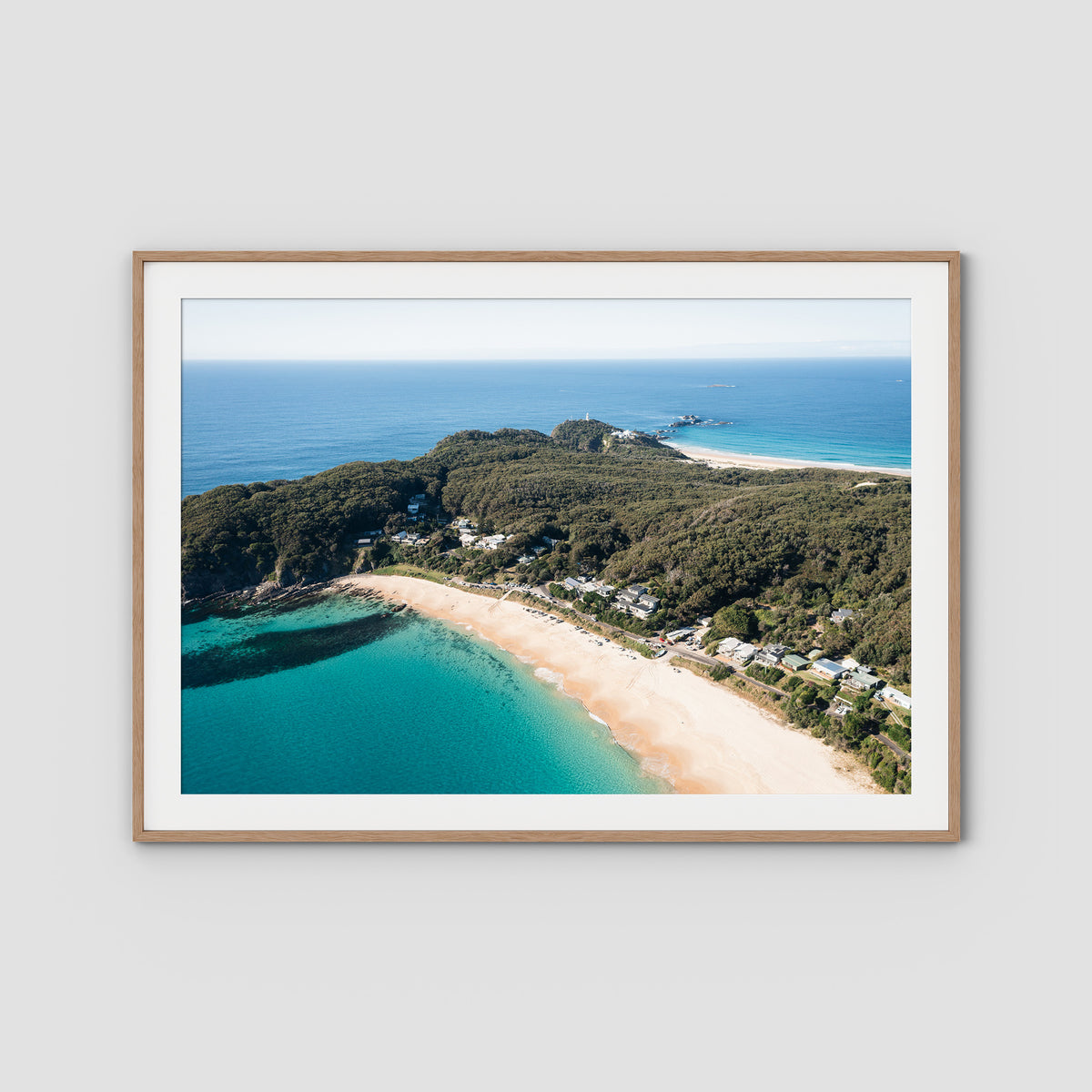 Lighthouse Aerial - Seal Rocks - Art Print - Traditional Frame - Raw Oak - Landscape