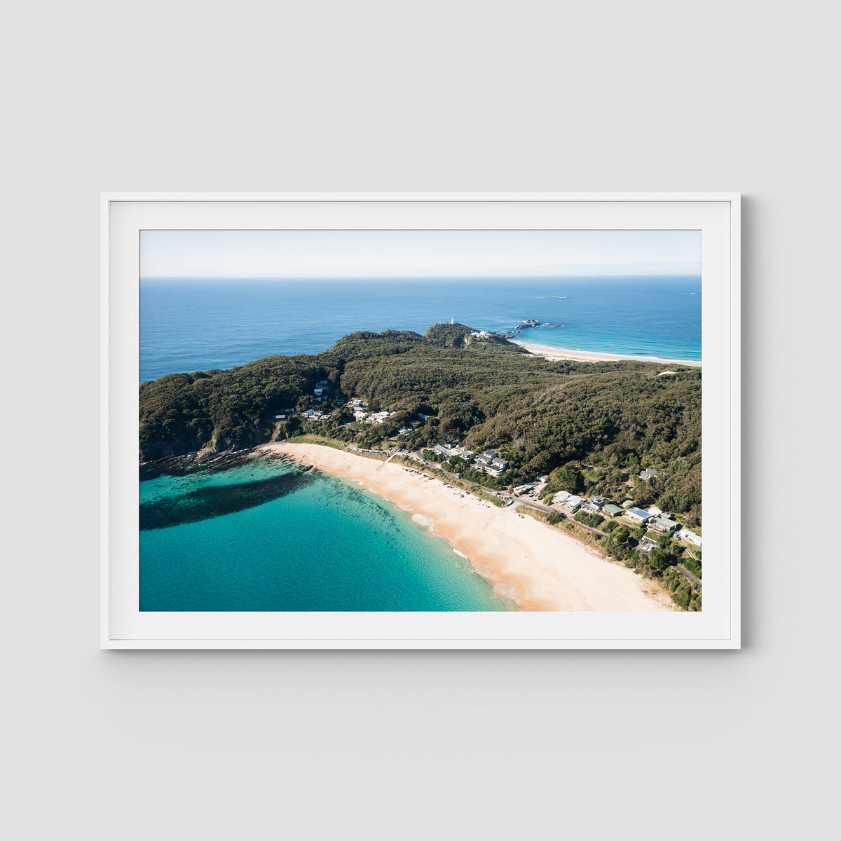 Lighthouse Aerial - Seal Rocks - Art Print - Traditional Frame - White - Landscape