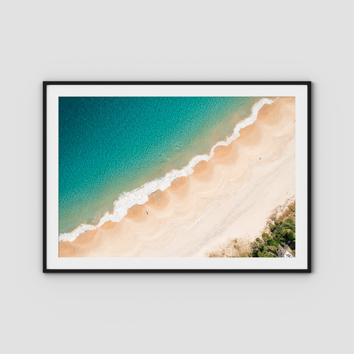 Boat Beach Top Down - Seal Rocks - Art Print - Traditional Frame - Black - Landscape