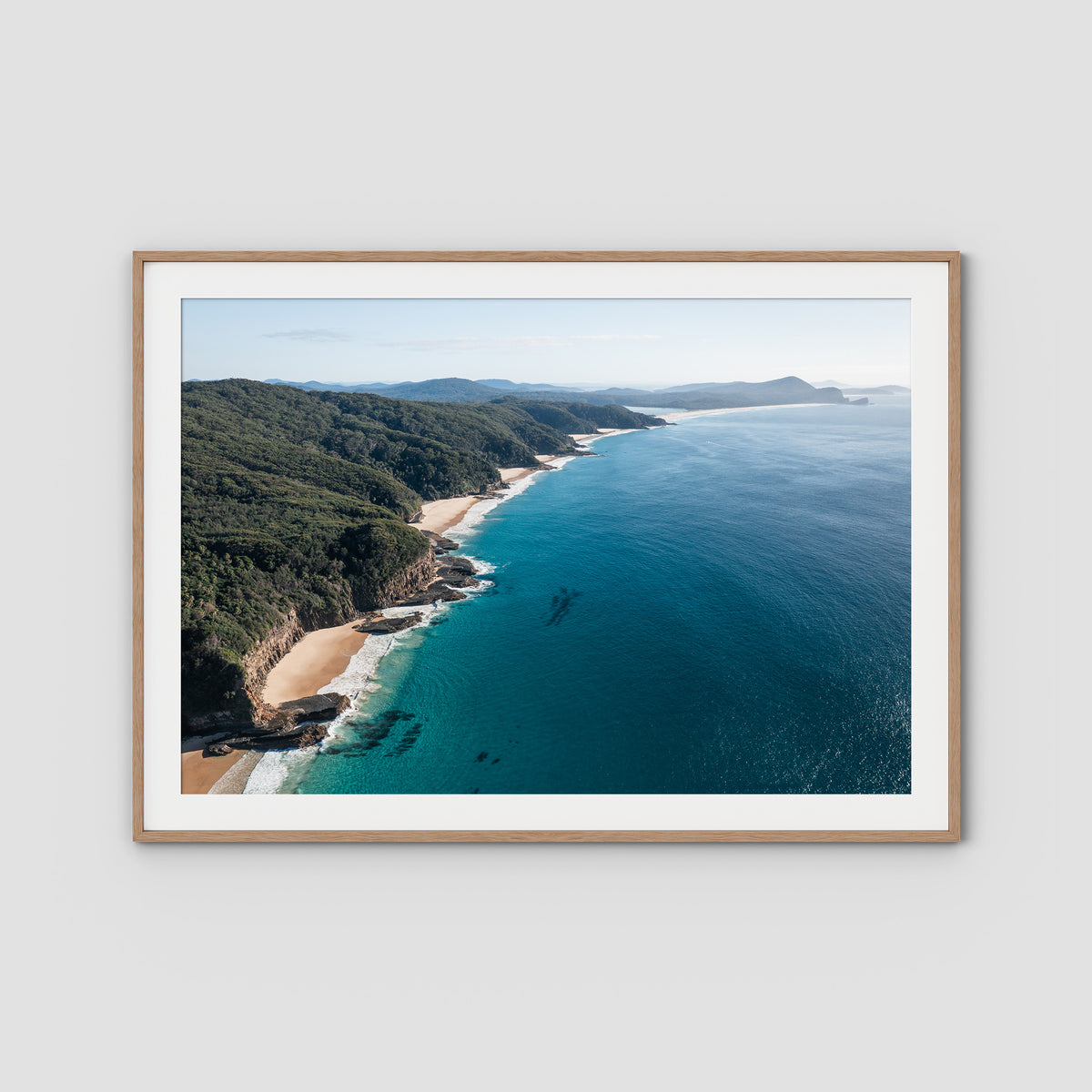 Number One Beach Coastline - Seal Rocks - Art Print - Traditional Frame - Raw Oak - Landscape