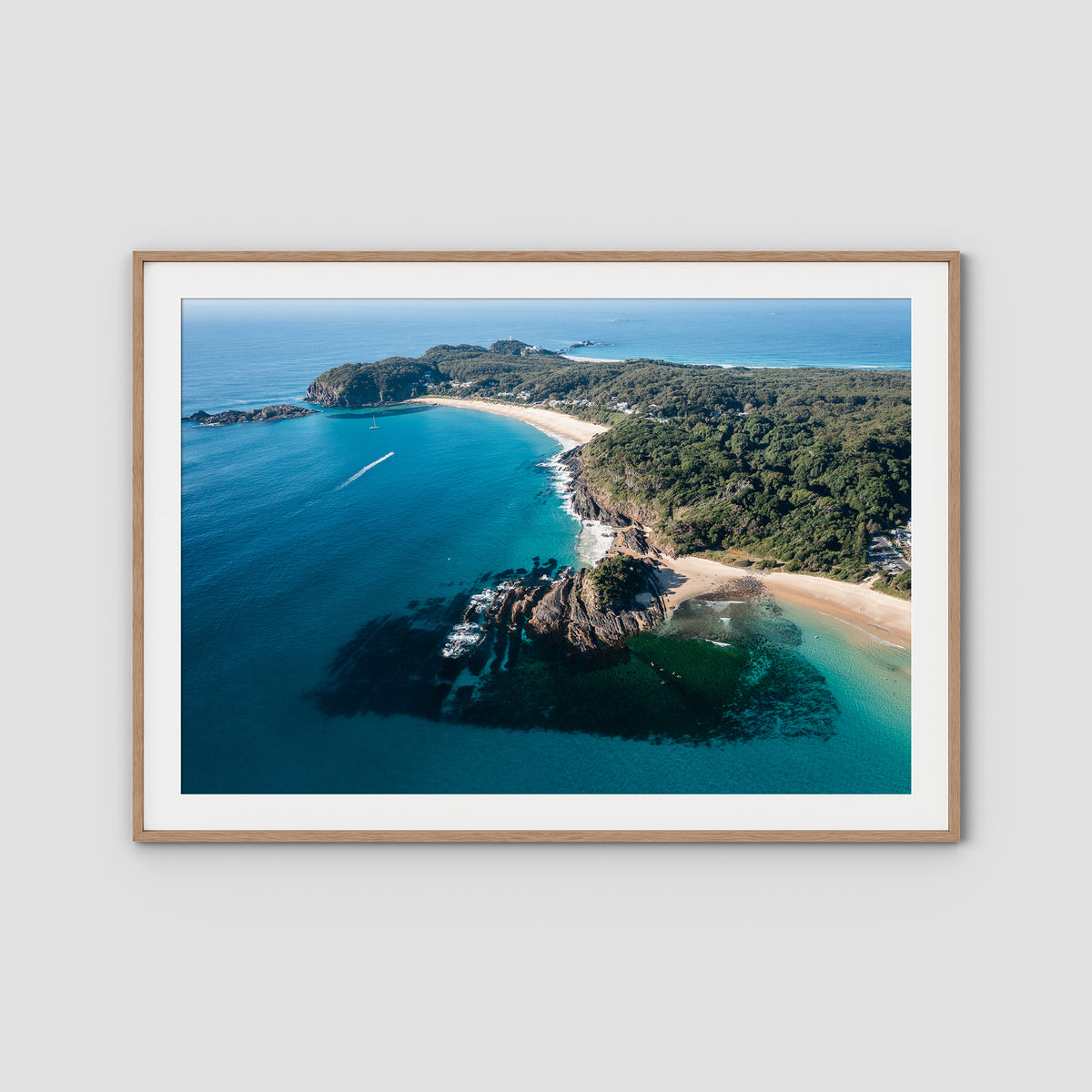 Seal Rocks High Aerial ii - Art Print - Traditional Frame - Raw Oak - Landscape