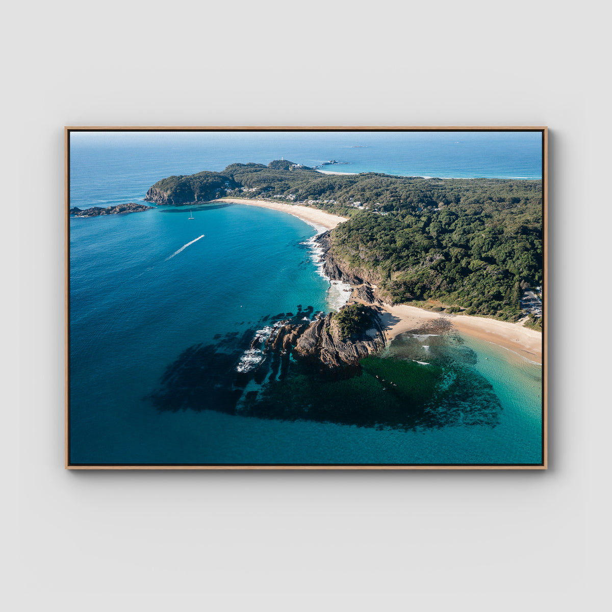 Seal Rocks High Aerial ii - Art Print - Float Frame Canvas - Raw Oak - Landscape