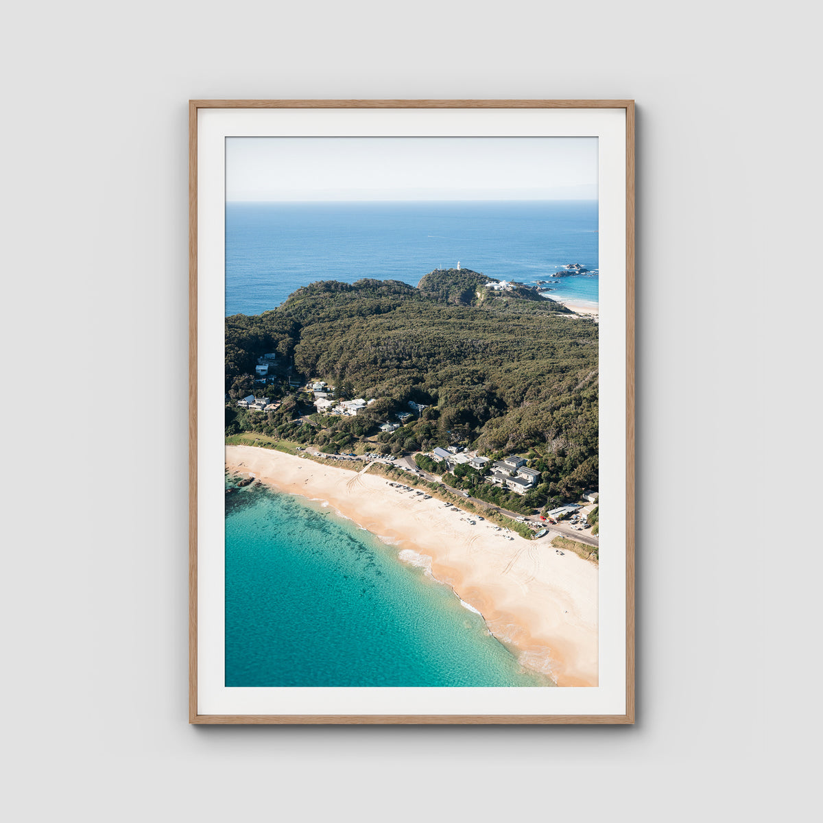 Lighthouse Aerial - Seal Rocks - Art Print - Traditional Frame - Raw Oak - Portrait