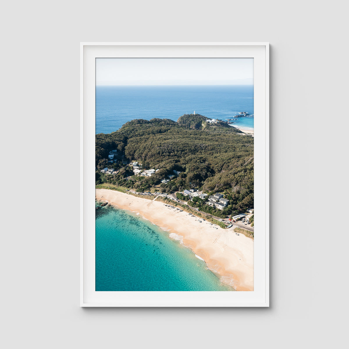 Lighthouse Aerial - Seal Rocks - Art Print - Traditional Frame - White - Portrait