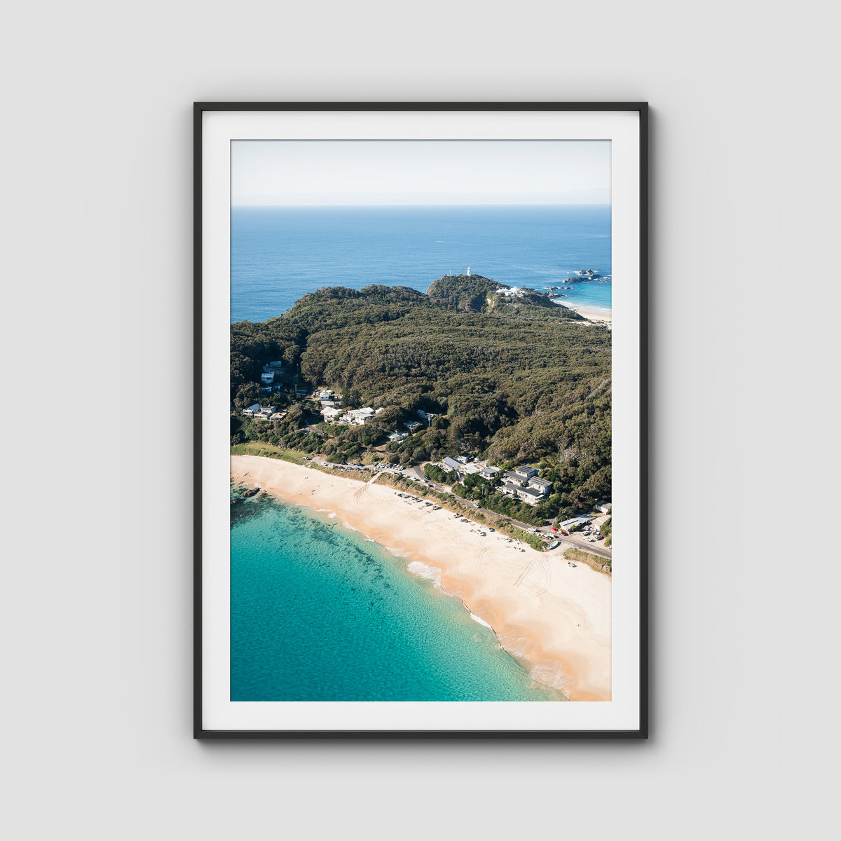 Lighthouse Aerial - Seal Rocks - Art Print - Traditional Frame - Black - Portrait