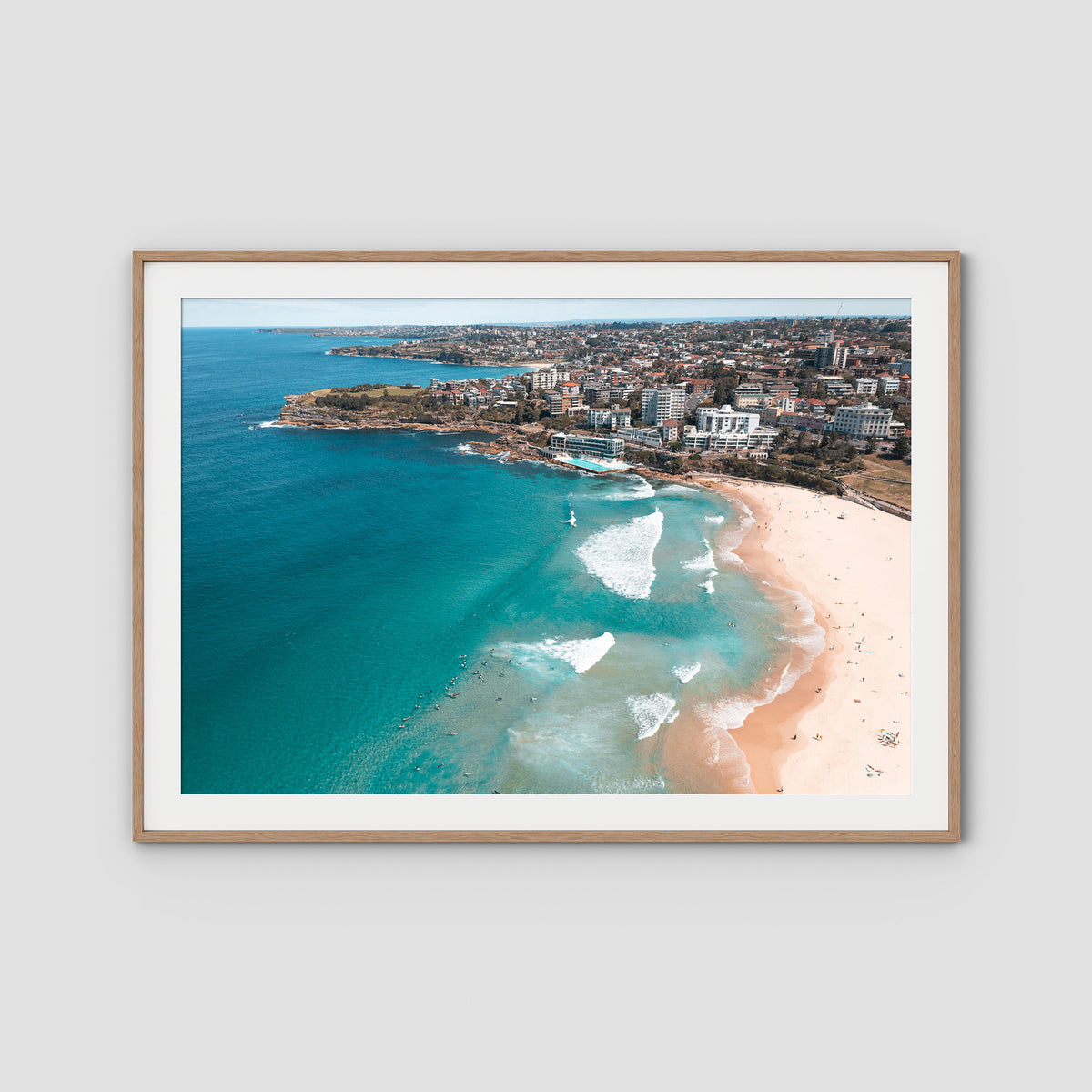Bondi Beach High Aerial - Sydney - Art Print - Traditional Frame - Raw Oak - Landscape