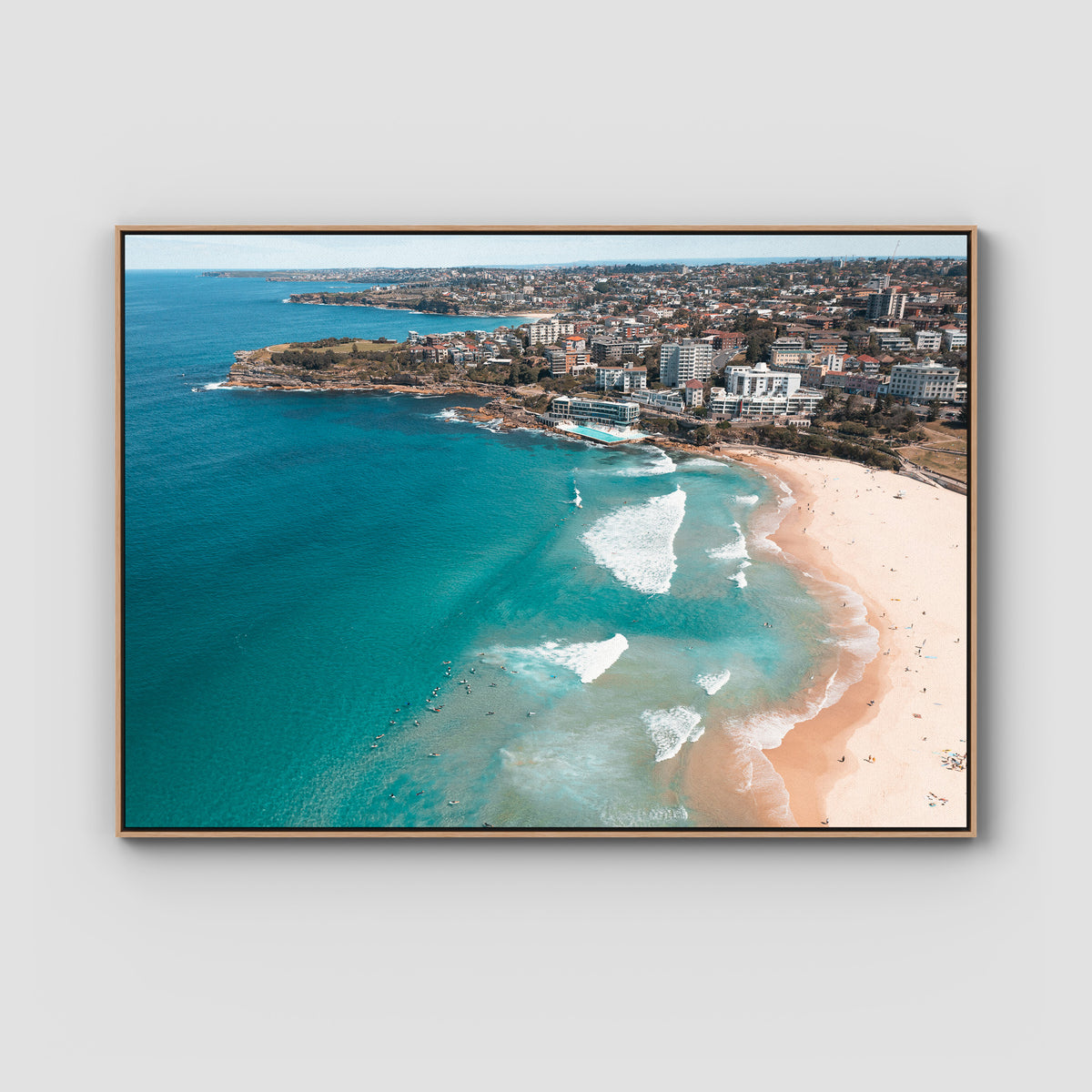 Bondi Beach High Aerial - Sydney - Art Print - Float Frame Canvas - Raw Oak - Landscape