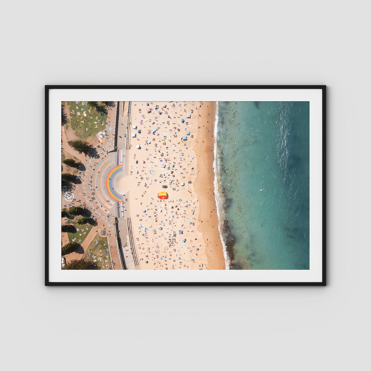 Coogee Beach Aerial – High Altitude Ocean Print - Traditional Frame - Black - Landscape