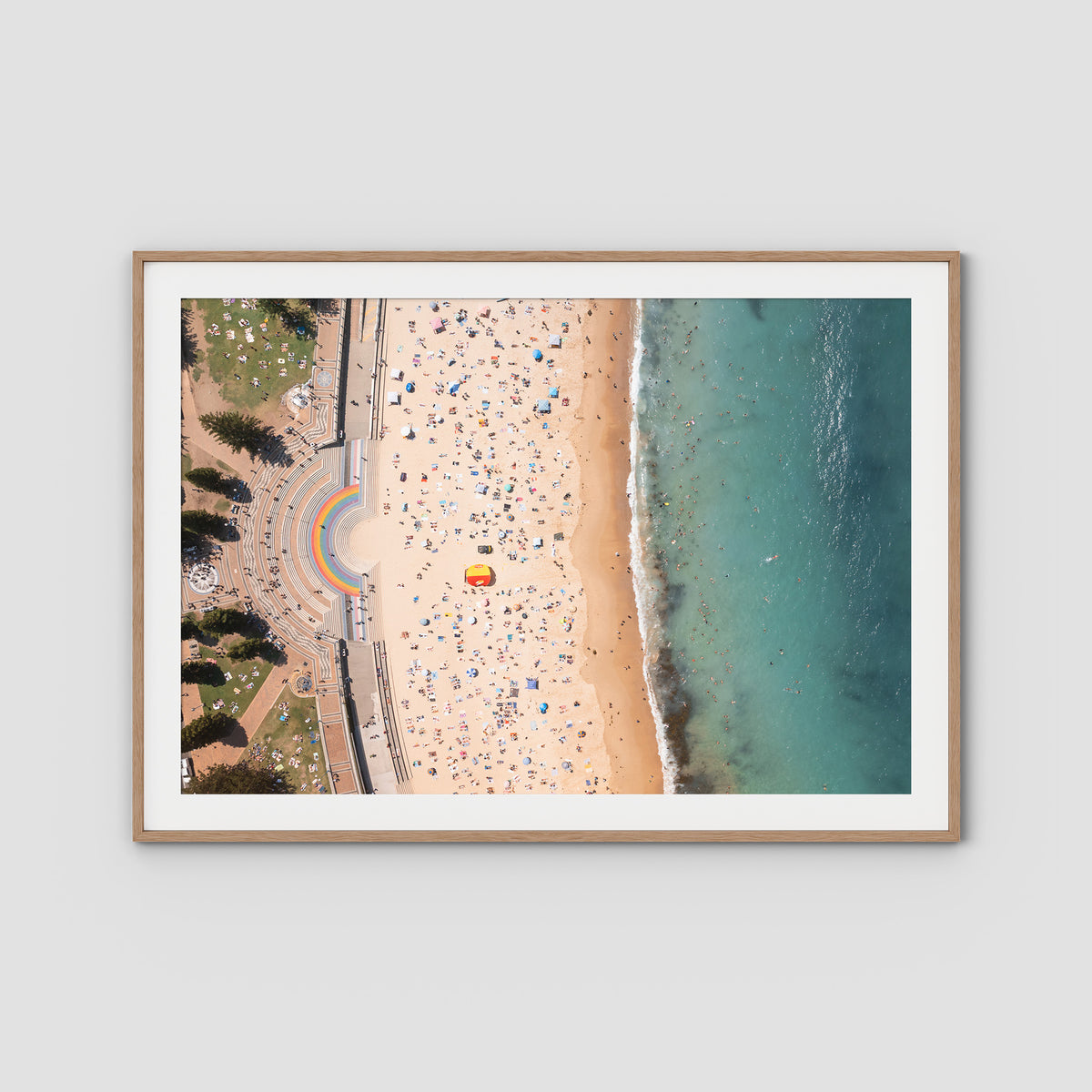 Coogee Beach Aerial – High Altitude Ocean Print - Traditional Frame - Raw Oak - Landscape
