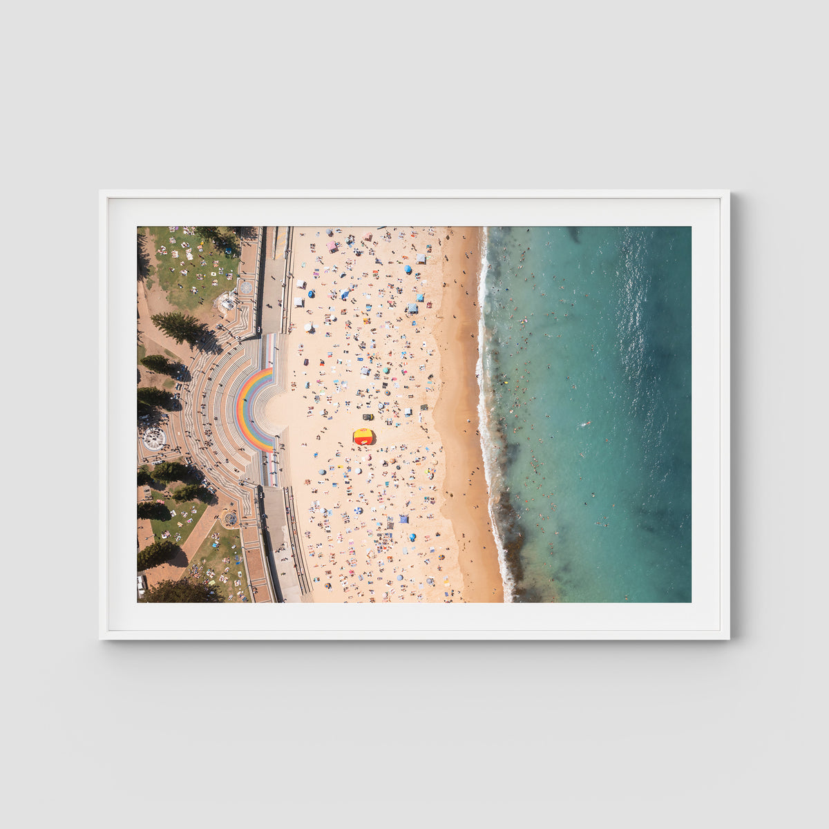 Coogee Beach Aerial – High Altitude Ocean Print - Traditional Frame - White - Landscape