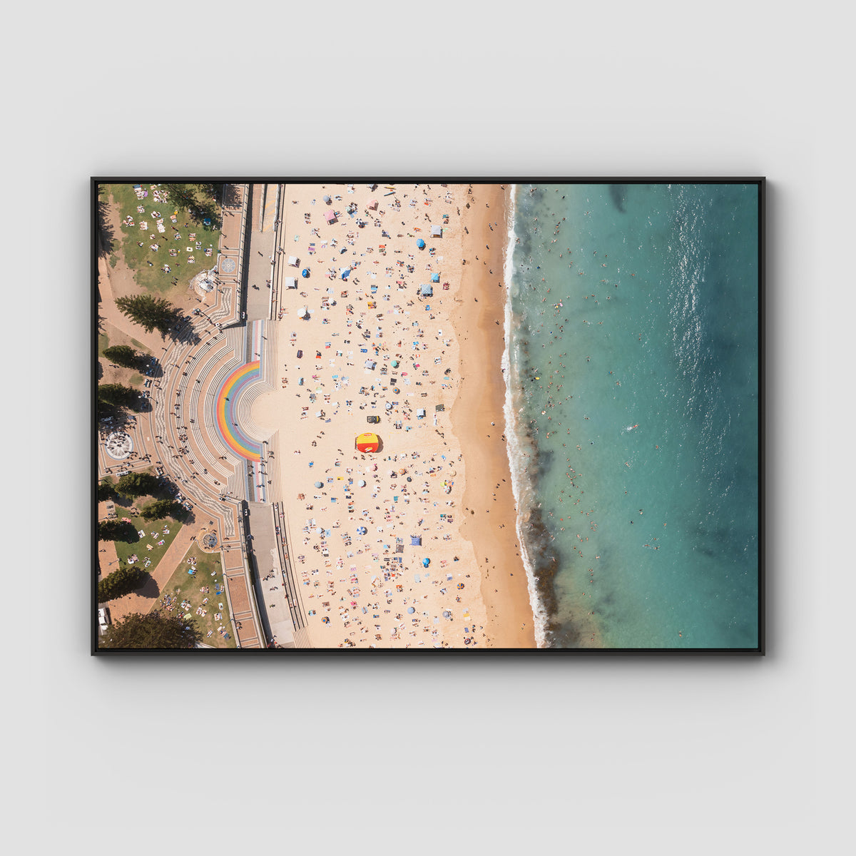 Coogee Beach Aerial – High Altitude Ocean Print - Float Frame Canvas - Black - Landscape