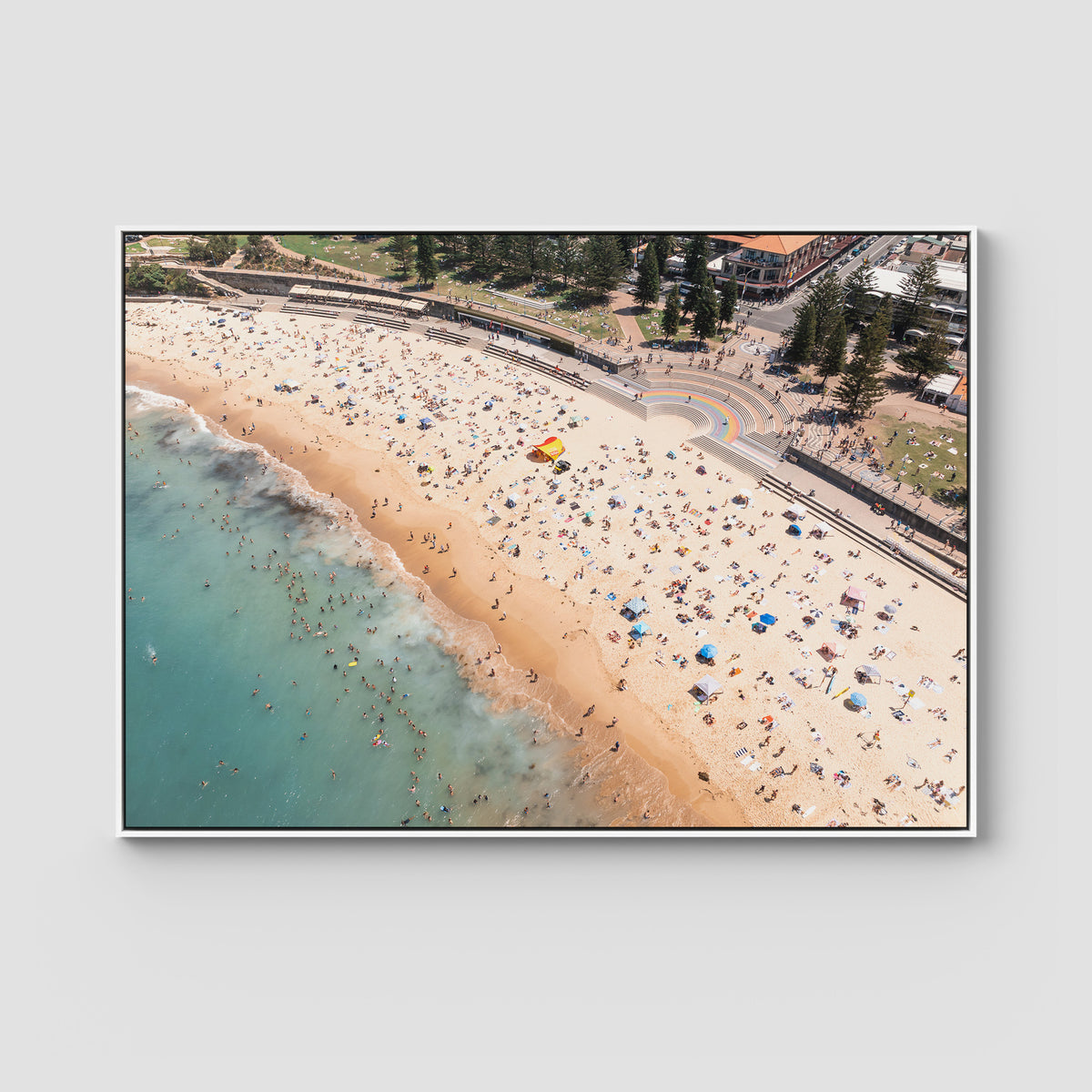 Coogee Beach Aerial – Rainbow Steps &amp; Shoreline Energy Print - Float Frame Canvas - White - Landscape