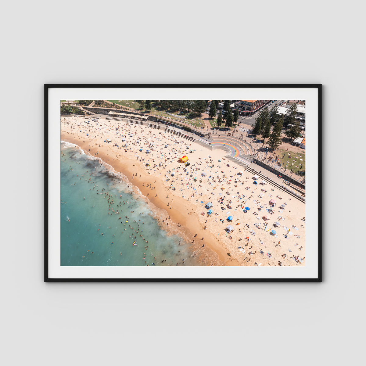 Coogee Beach Aerial – Rainbow Steps &amp; Shoreline Energy Print - Traditional Frame - Black - Landscape
