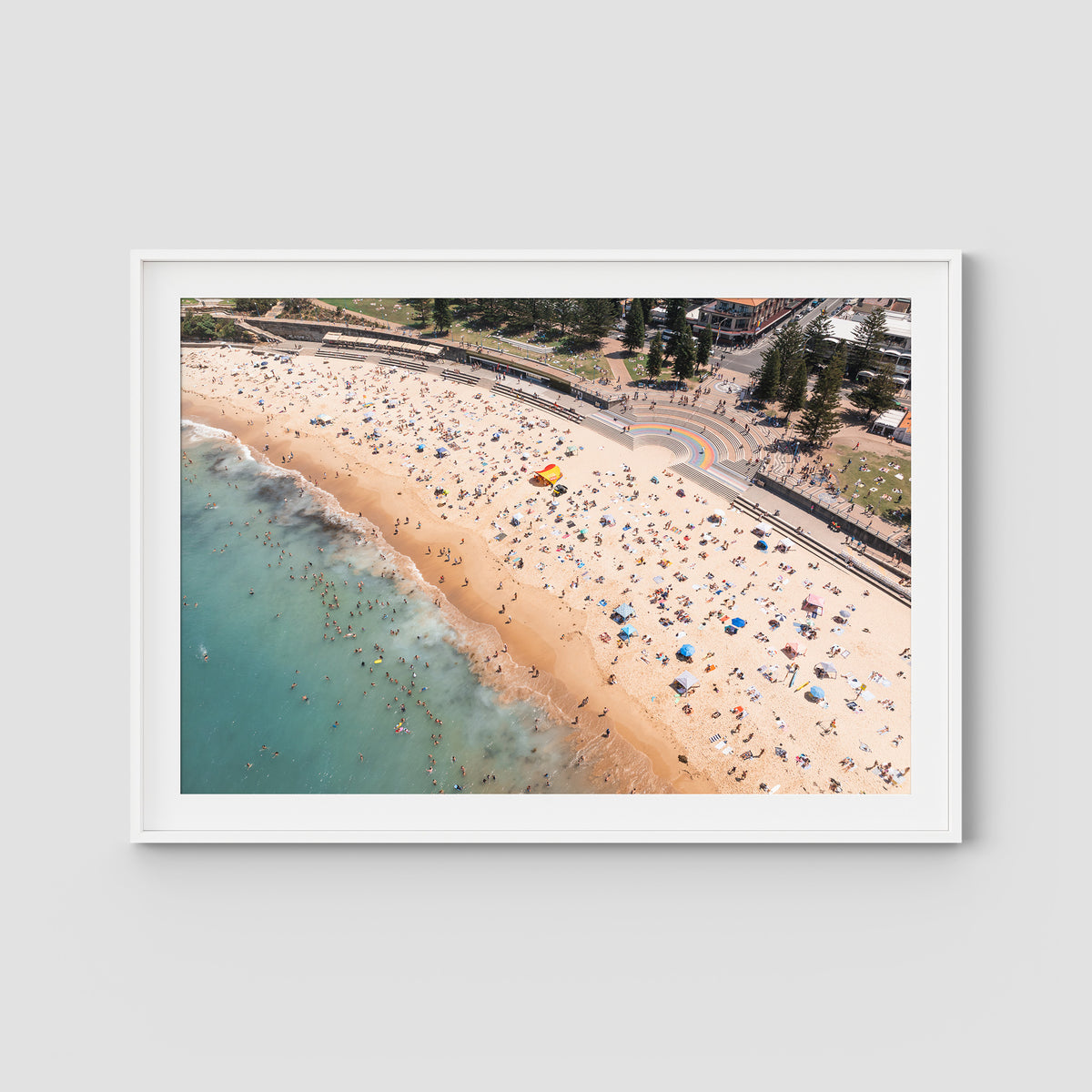 Coogee Beach Aerial – Rainbow Steps &amp; Shoreline Energy Print - Traditional Frame - White - Landscape
