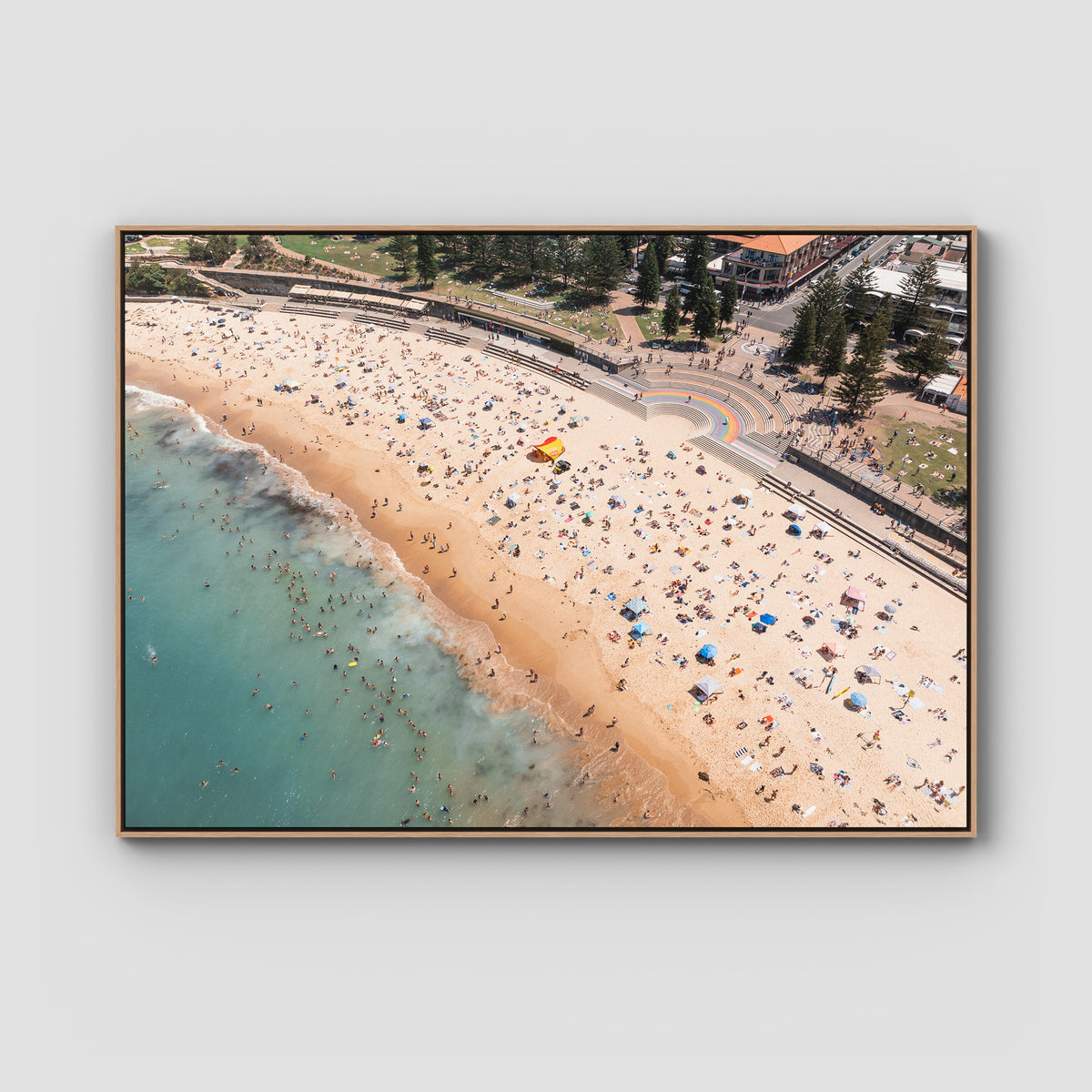 Coogee Beach Aerial – Rainbow Steps & Shoreline Energy Print - Float Frame Canvas - Raw Oak - Landscape