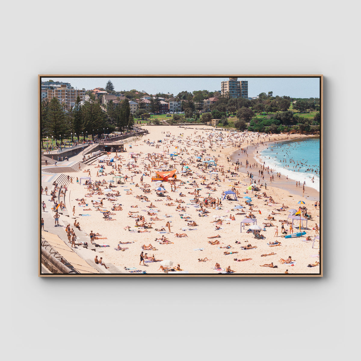 Coogee Beach – Summer in Motion Aerial Print - Float Frame Canvas - Raw Oak - Landscape
