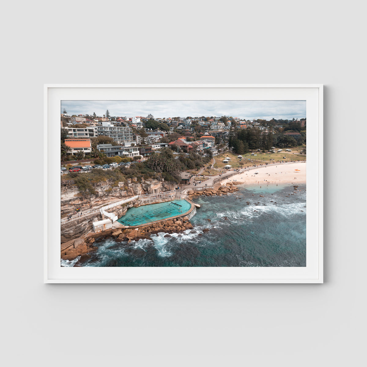 Bronte Baths Aerial - Sydney - Art Print - Traditional Frame - White - Landscape