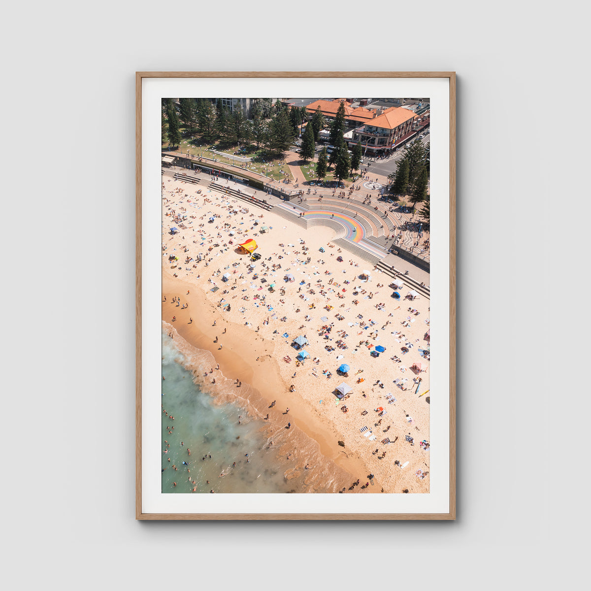 Coogee Beach Aerial – Rainbow Steps &amp; Shoreline Energy Print - Traditional Frame - Raw Oak - Portrait