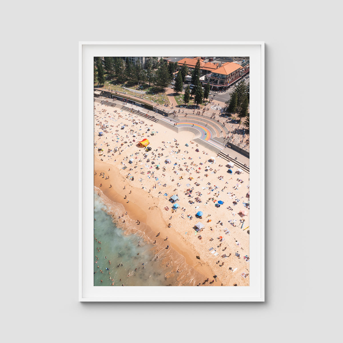 Coogee Beach Aerial – Rainbow Steps &amp; Shoreline Energy Print - Traditional Frame - White - Portrait