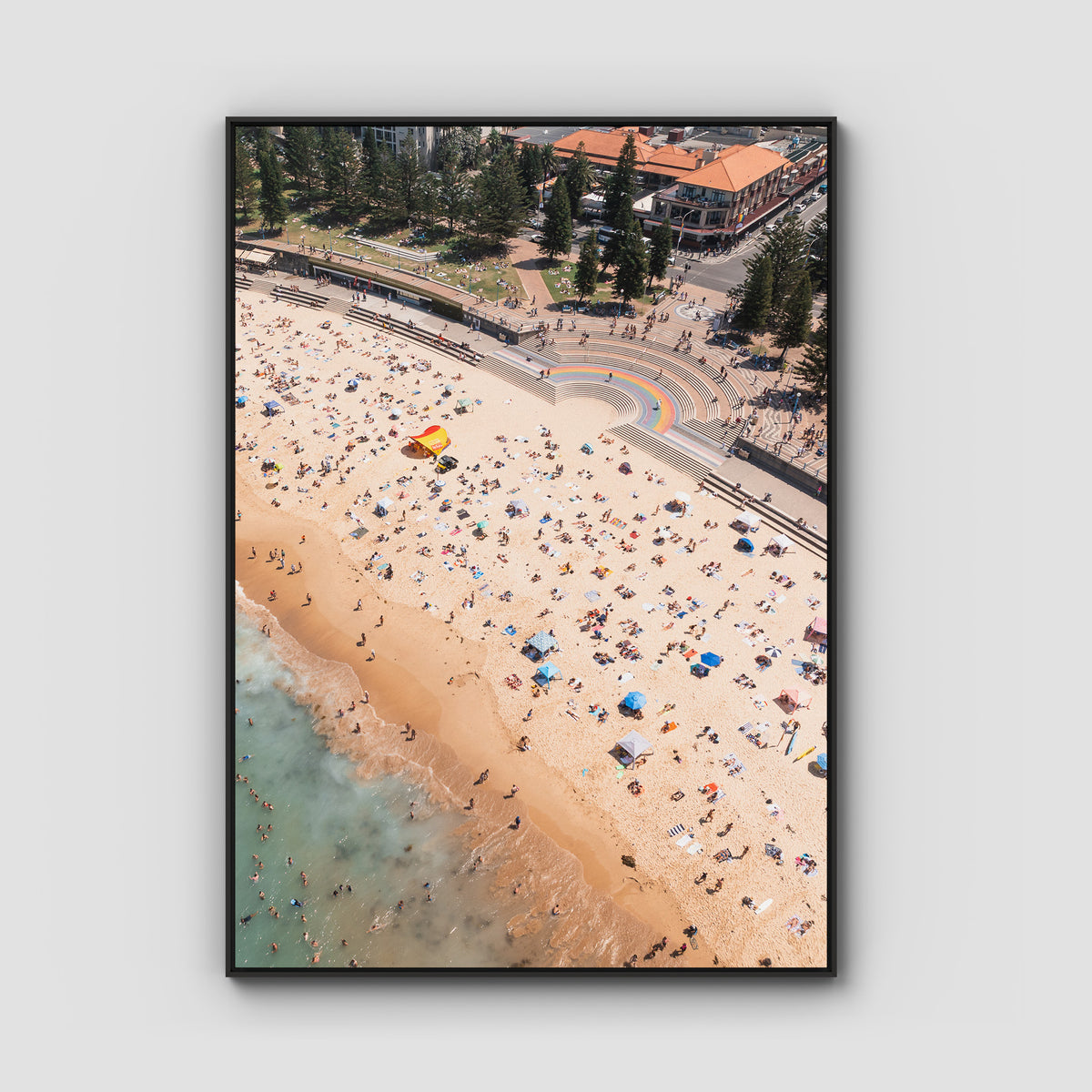 Coogee Beach Aerial – Rainbow Steps &amp; Shoreline Energy Print - Float Frame Canvas - Black - Portrait