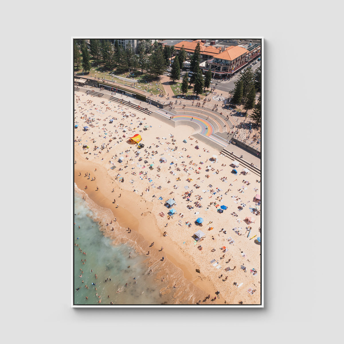 Coogee Beach Aerial – Rainbow Steps &amp; Shoreline Energy Print - Float Frame Canvas - White - Portrait