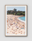 Coogee Beach – Summer in Motion Aerial Print - Traditional Frame - Raw Oak - Portrait