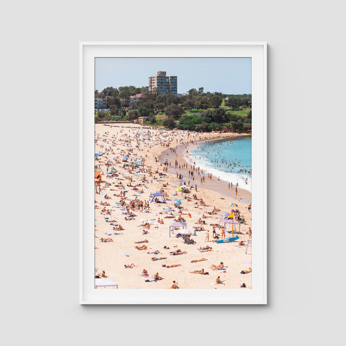 Coogee Beach – Summer in Motion Aerial Print - Traditional Frame - White - Portrait