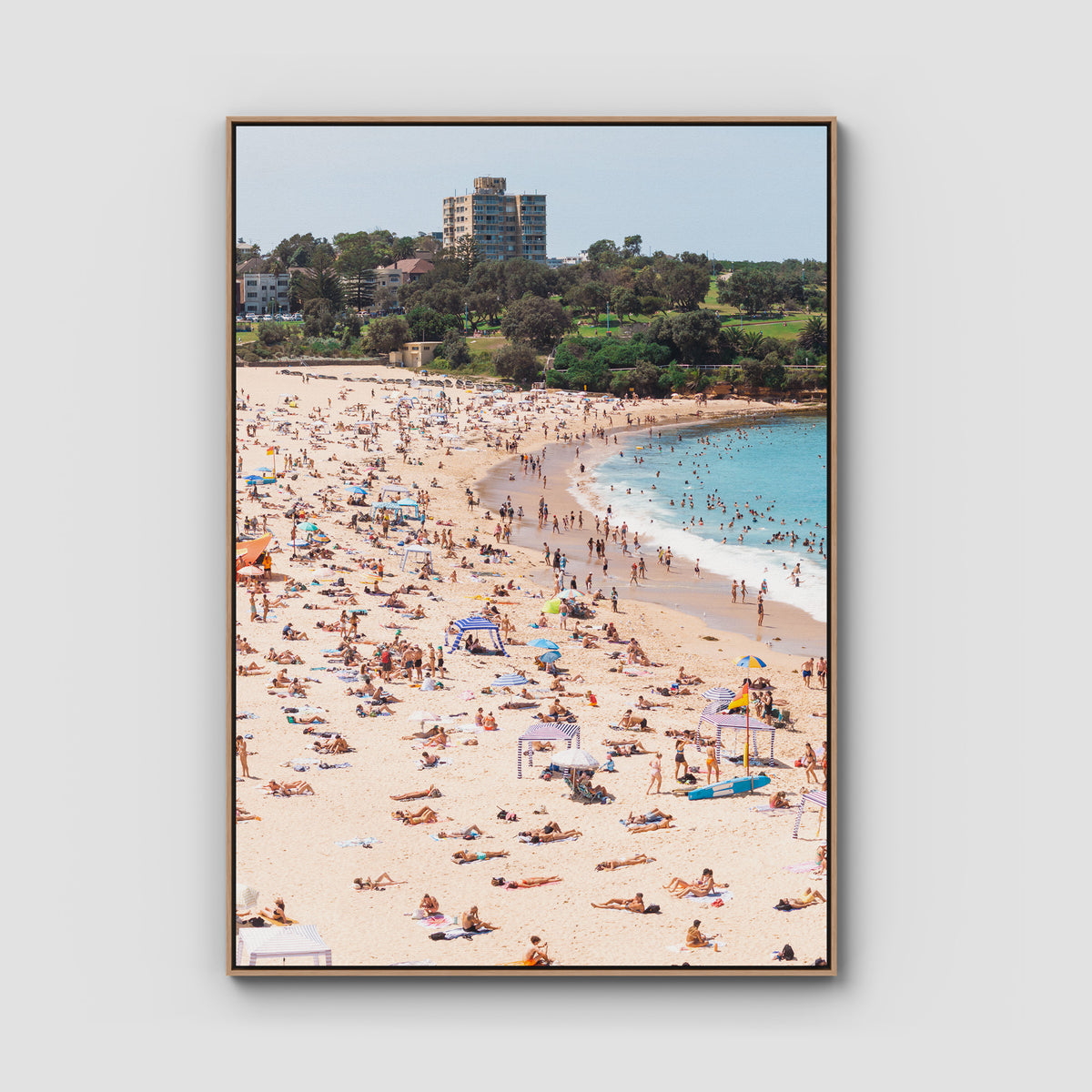 Coogee Beach – Summer in Motion Aerial Print - Float Frame Canvas - Raw Oak - Portrait