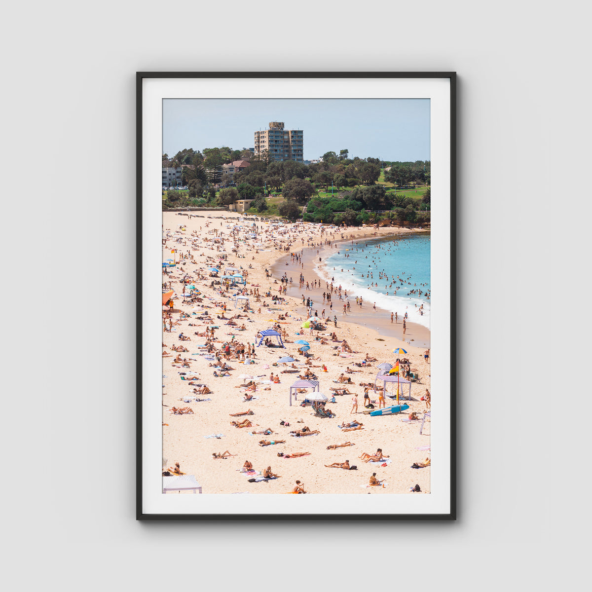 Coogee Beach – Summer in Motion Aerial Print - Traditional Frame - Black - Portrait