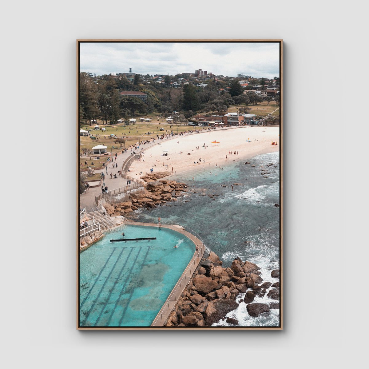 Bronte Baths Aerial ii - Sydney - Art Print - Float Frame Canvas - Raw Oak - Portrait