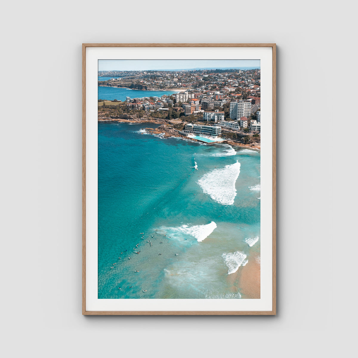 Bondi Beach High Aerial - Sydney - Art Print - Traditional Frame - Raw Oak - Portrait
