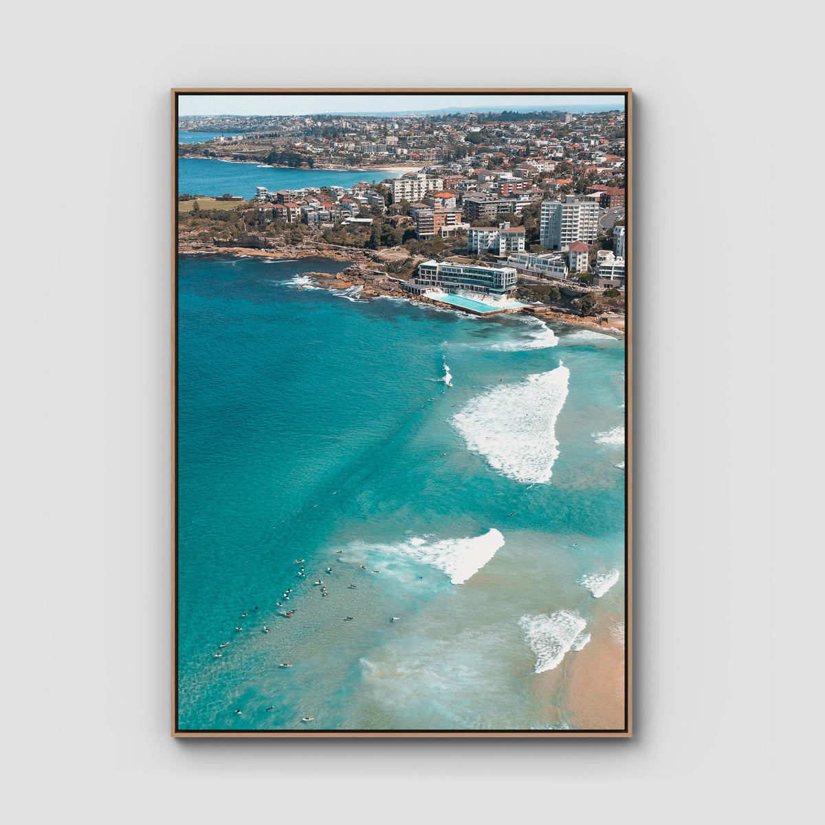 Bondi Beach High Aerial - Sydney - Art Print - Float Frame Canvas - Raw Oak - Portrait