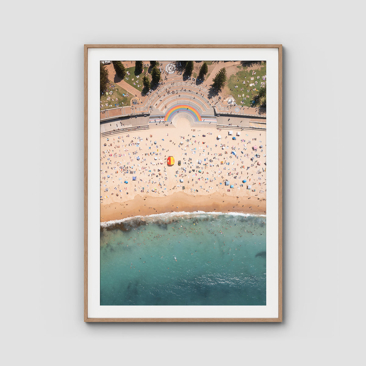 Coogee Beach Aerial – High Altitude Ocean Print - Traditional Frame - Raw Oak - Portrait