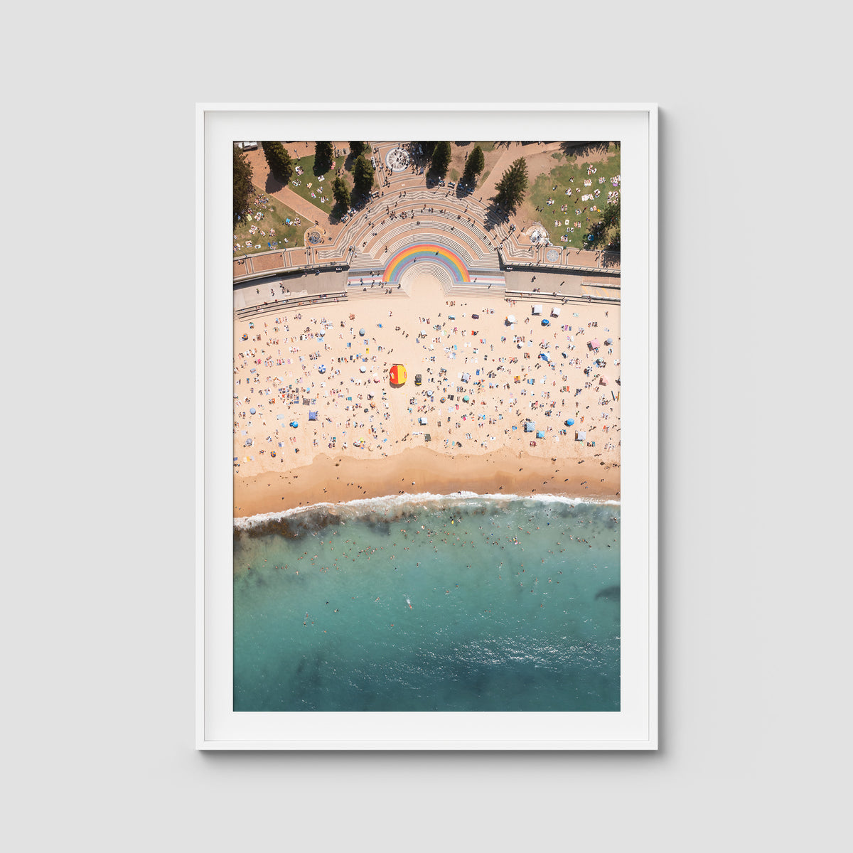 Coogee Beach Aerial – High Altitude Ocean Print - Traditional Frame - White - Portrait