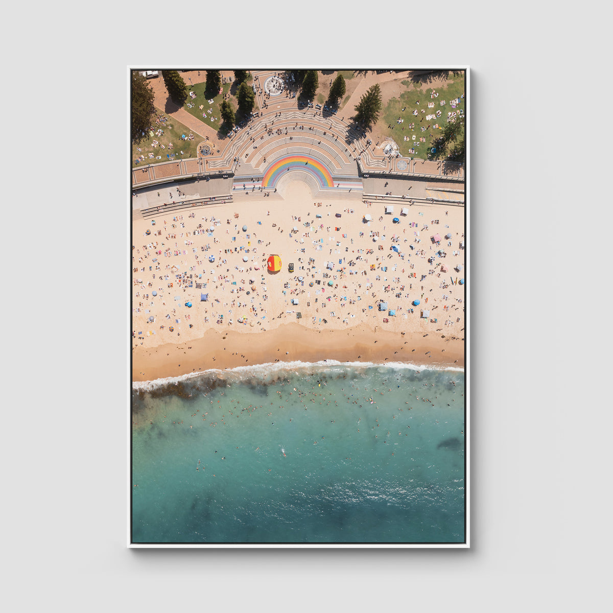 Coogee Beach Aerial – High Altitude Ocean Print - Float Frame Canvas - White - Portrait
